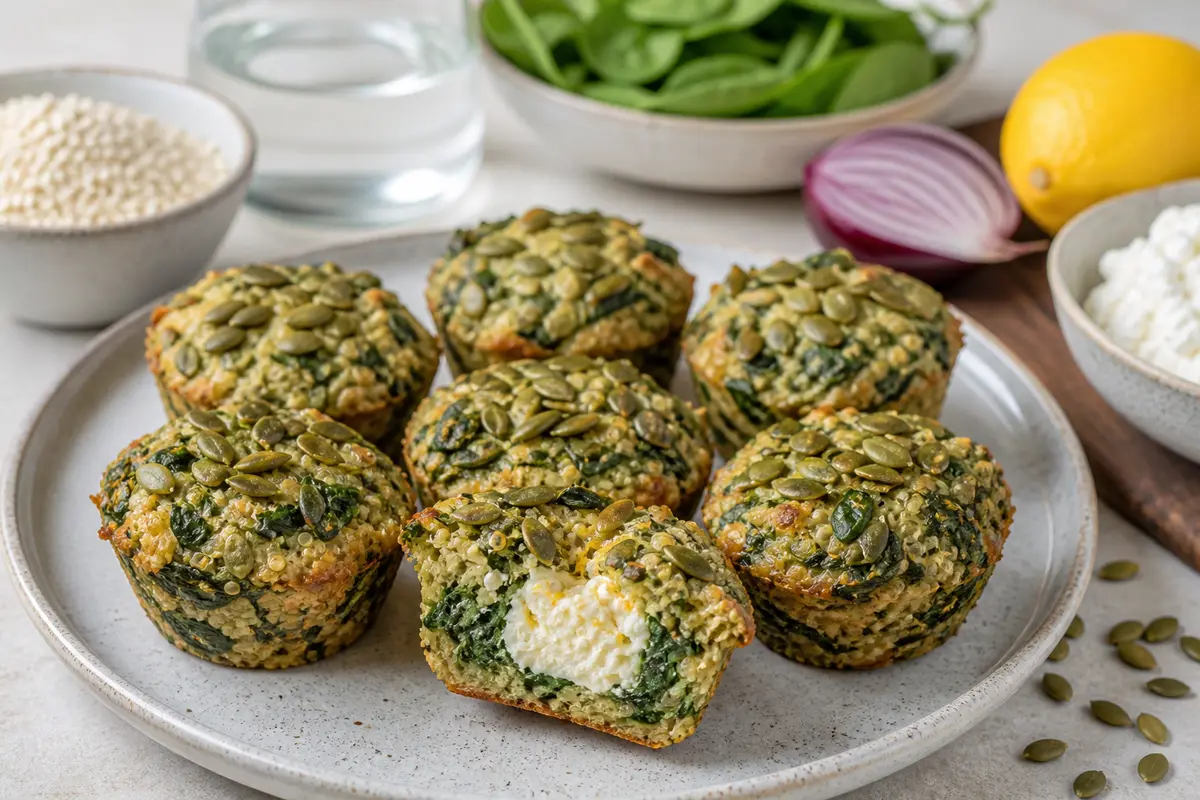 Muffins salados de quinoa y espinaca con centro de ricotta, limón y costra de pepitas