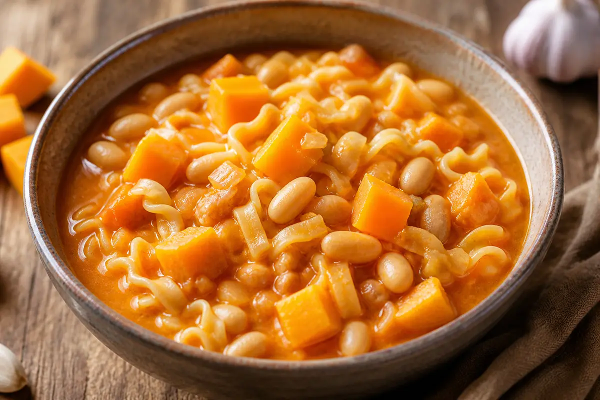 Guiso Económico de Fideos, Alubias Blancas y Calabaza al Pimentón