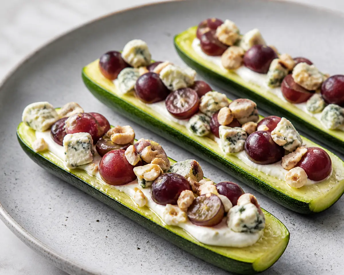 Cucharitas tibias de calabacín con crema de queso azul, uvas salteadas y avellana