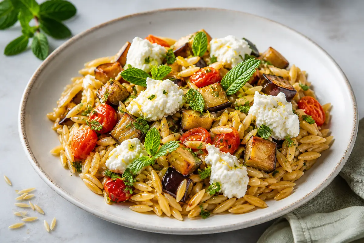 Quick Golden Eggplant Orzo with Lemon Ricotta and Mint