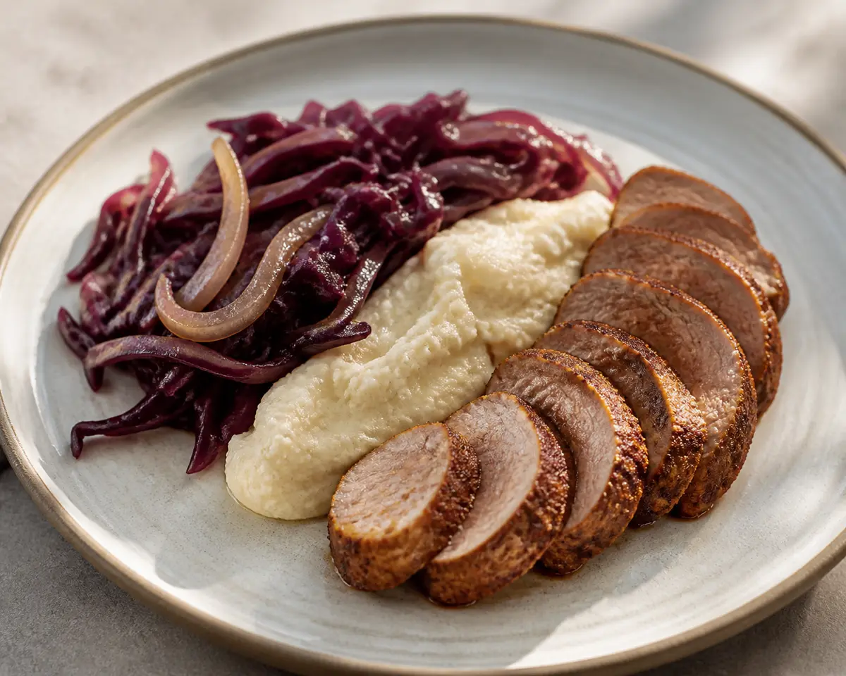 Lomo de cerdo al cacao y canela con col morada salteada y puré rústico de coliflor