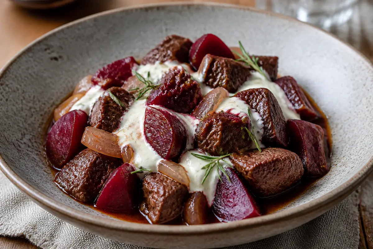 Slow Cooker Beef with Beetroot, Rosemary and Horseradish Cream
