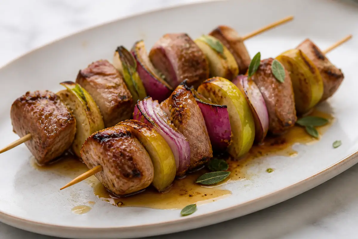 Brochetas de cerdo a la parrilla con manzana verde chamuscada, cebolla morada y glaseado de sidra, mostaza y salvia