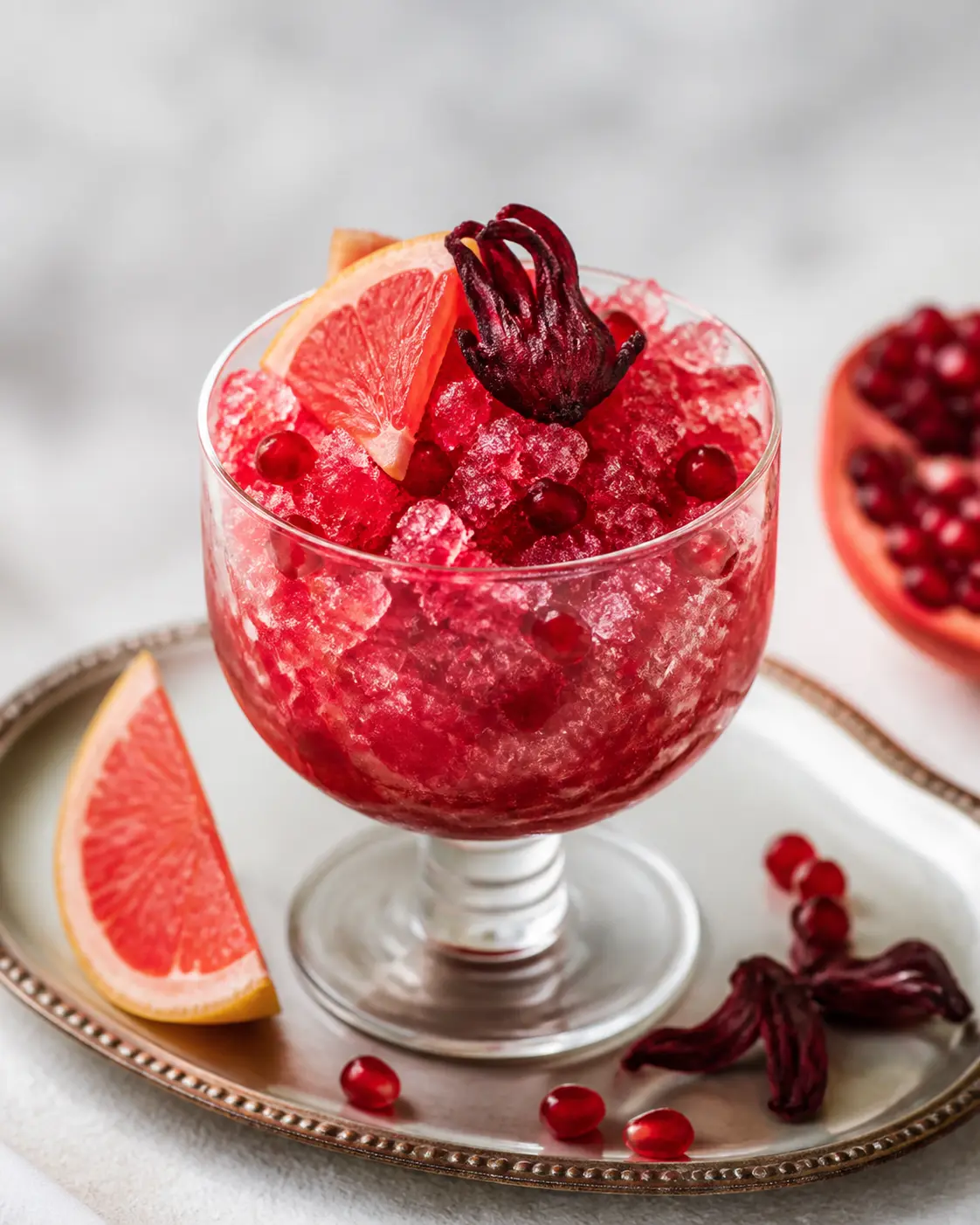 Ruby grapefruit, hibiscus and pomegranate sparkling granita drink