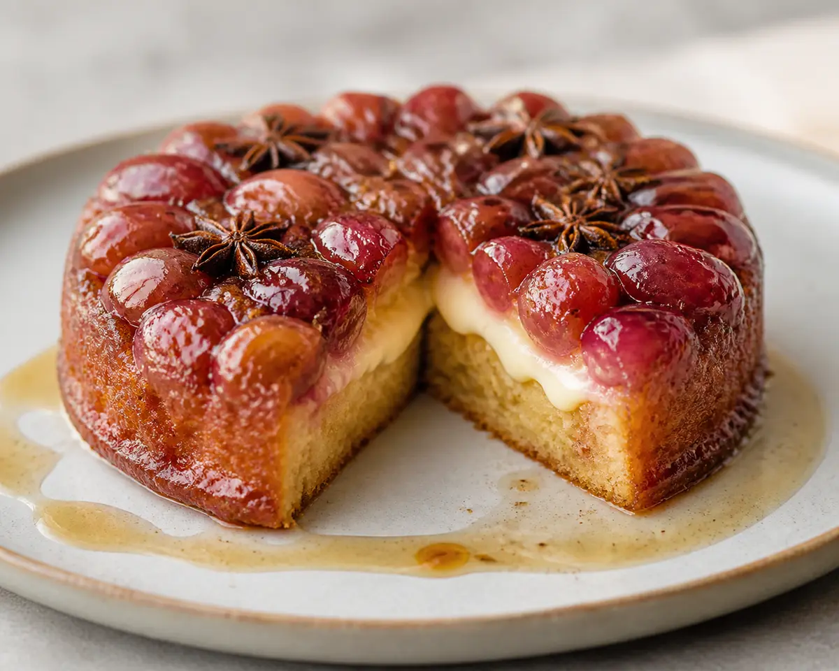 Tarta invertida de uva roja, anís estrellado y crema suave de almendra