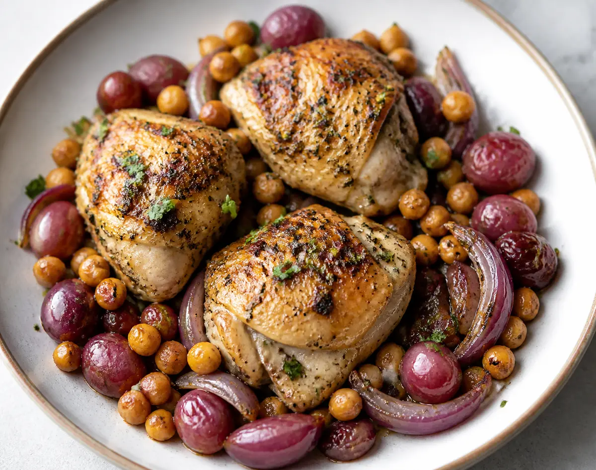 Mediterranean Lemon-Oregano Chicken Thighs with Crispy Chickpeas and Roasted Grapes