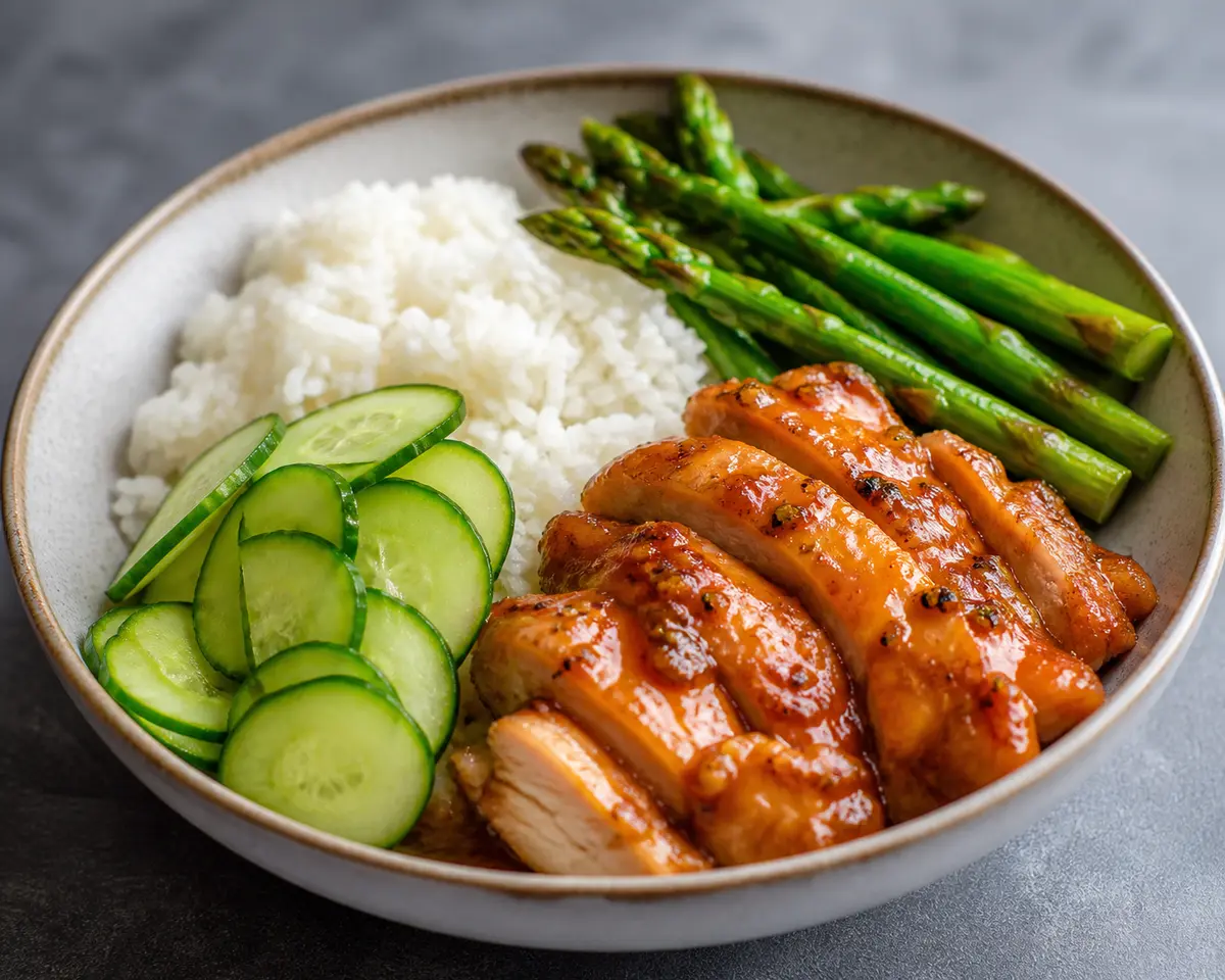Bowl de arroz jazmín con pollo al miso de zanahoria asada, espárragos salteados y pepino encurtido rápido