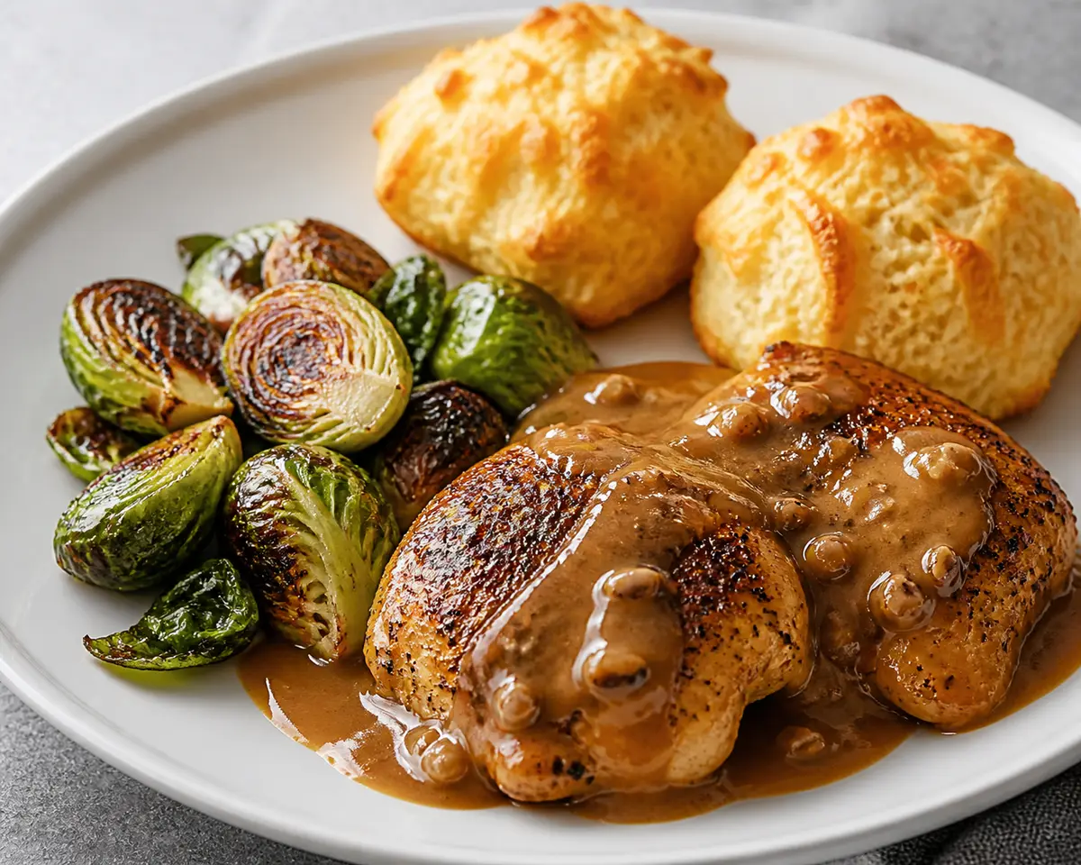 Skillet Chicken with Smoky Peanut Gravy, Roasted Brussels Sprouts, and Quick Cheddar Drop Biscuits