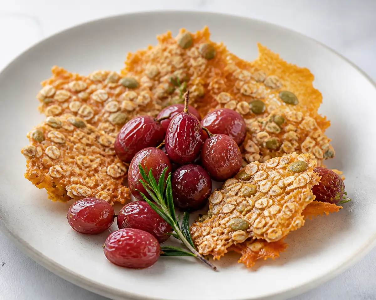 Láminas crujientes de queso y avena con uvas asadas al romero