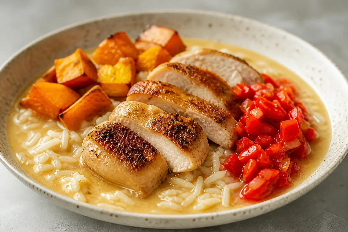 Coconut Brothy Rice with Seared Chicken, Roasted Squash, and Sweet Pepper Sofrito