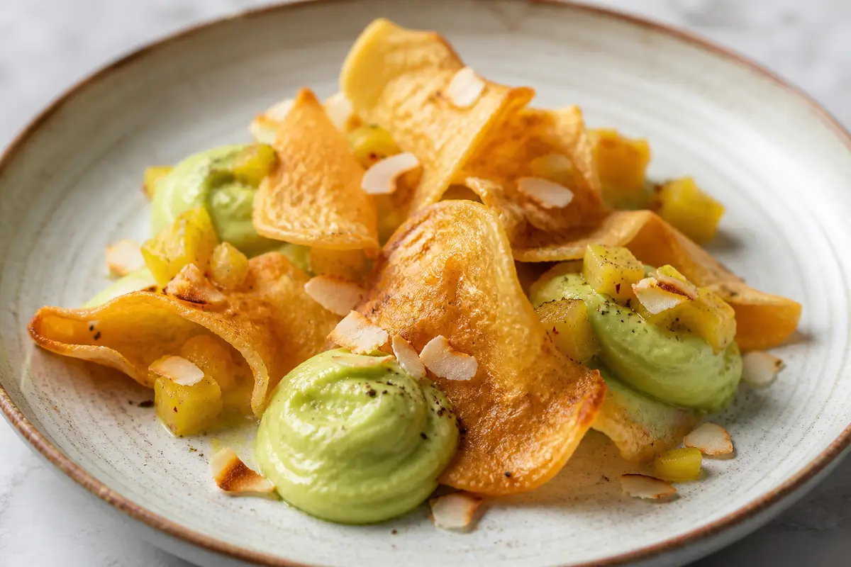 Cassava Crisps with Avocado Cream, Chili Pineapple and Toasted Coconut