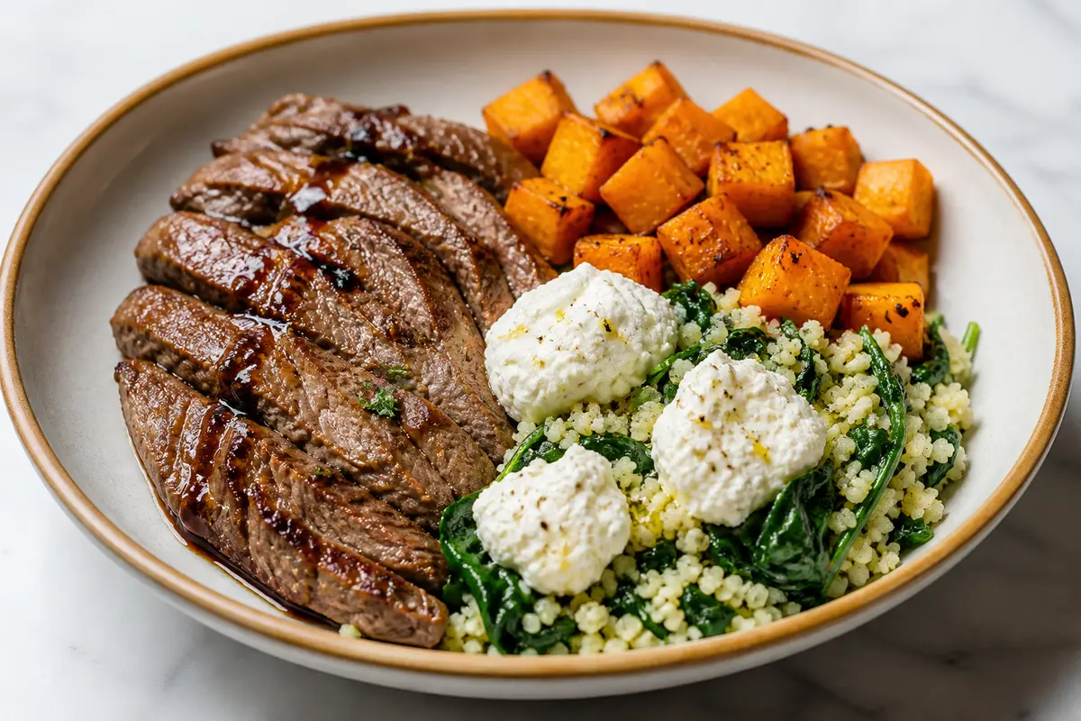 Tazón tibio de ternera al balsámico con cuscús de espinaca, calabaza dorada y ricotta al limón