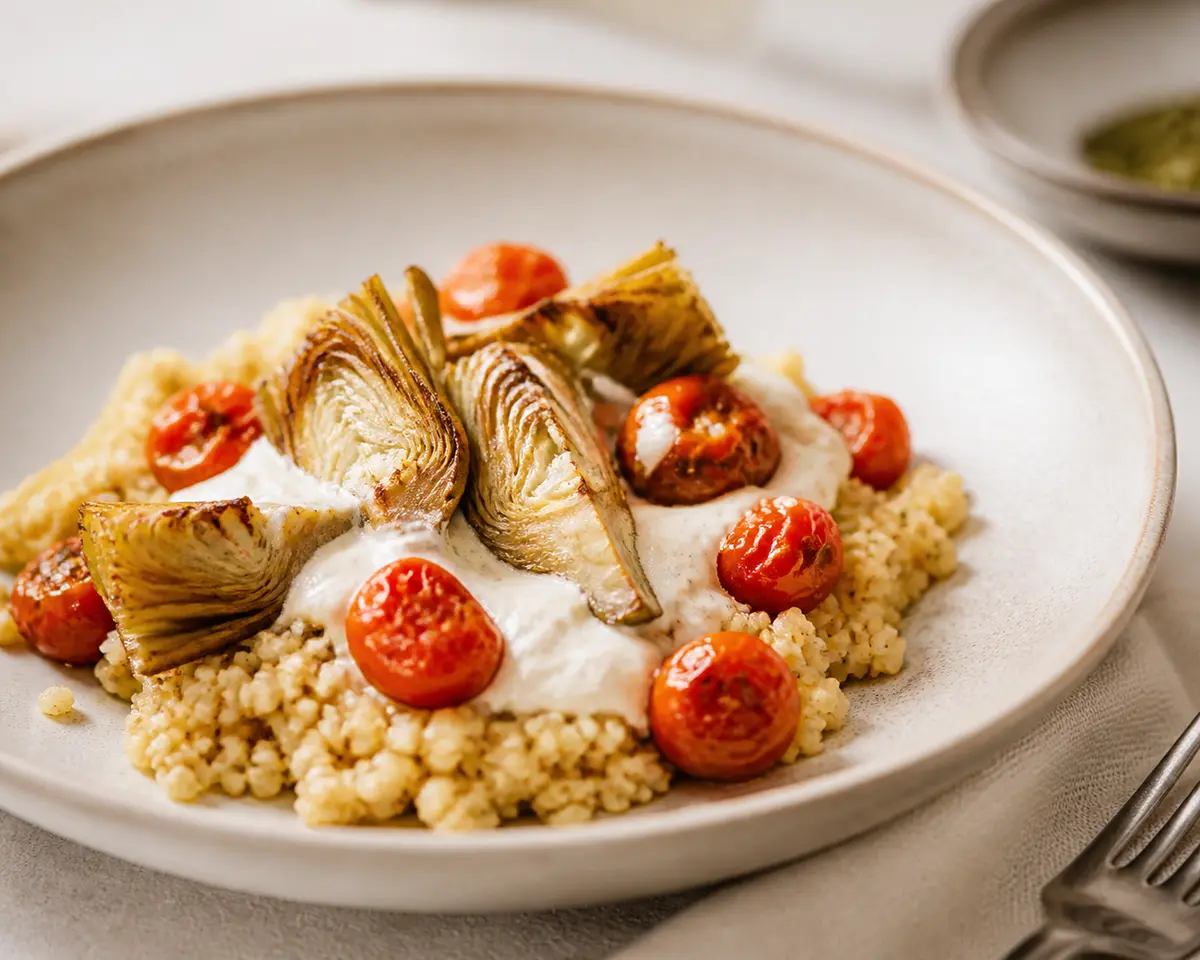 Warm Bulgur Salad with Seared Artichokes, Roasted Tomatoes, and Light Lemon Feta Cream