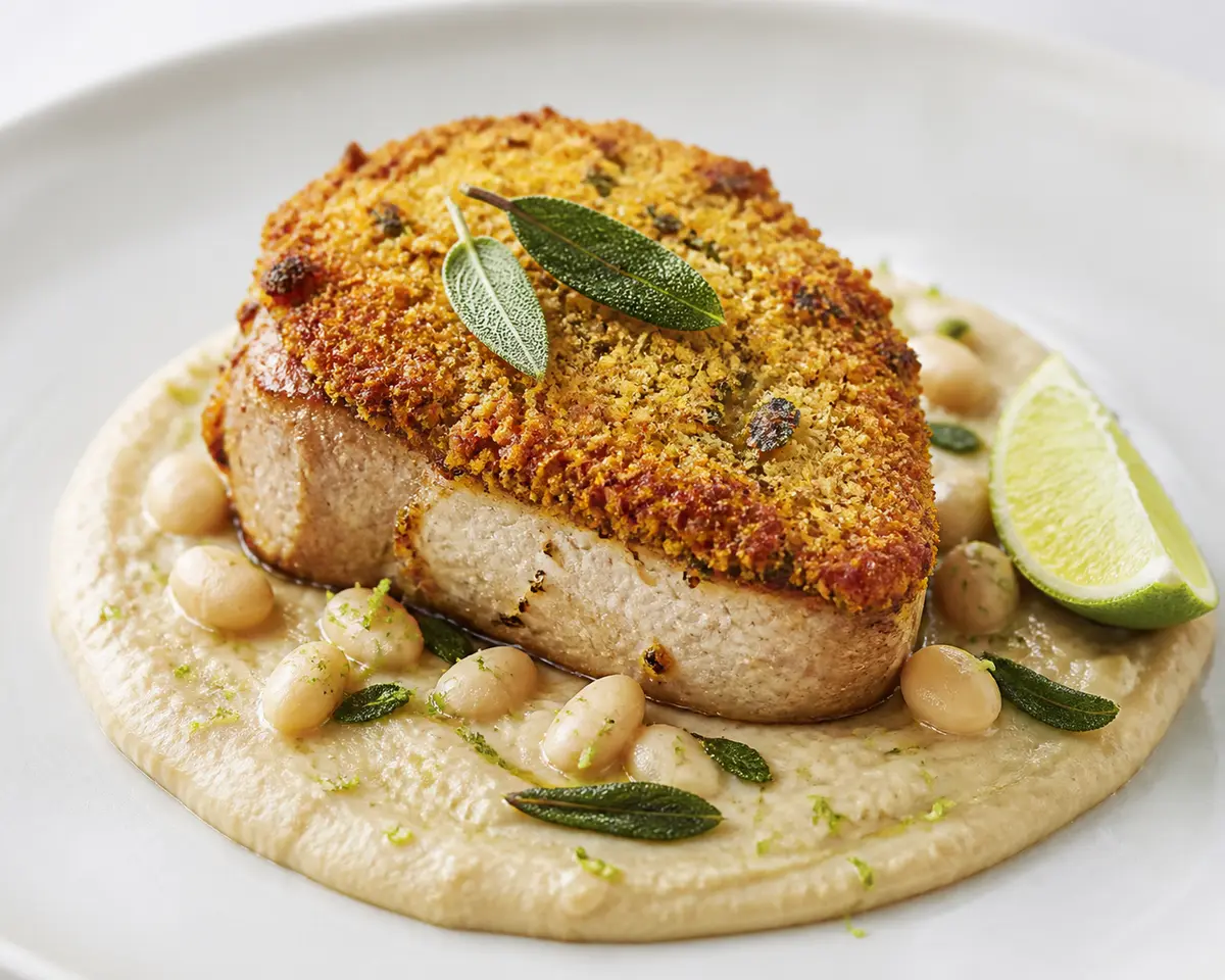 Pork Chops with Cornmeal, Sage and Lime Crust over White Bean Cream