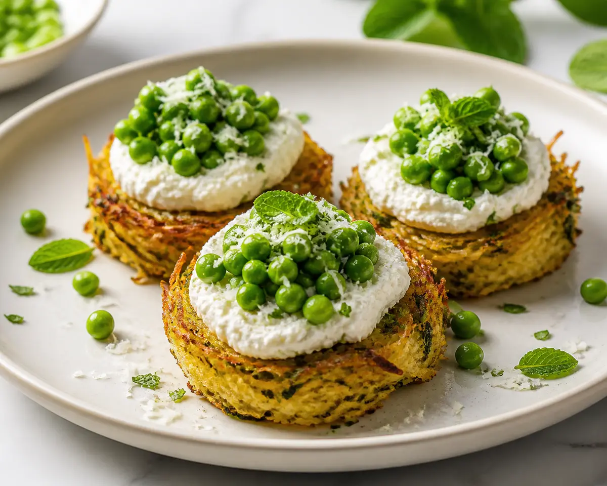 Nidos crujientes de patata y puerro con crema de ricotta, guisantes tiernos y menta