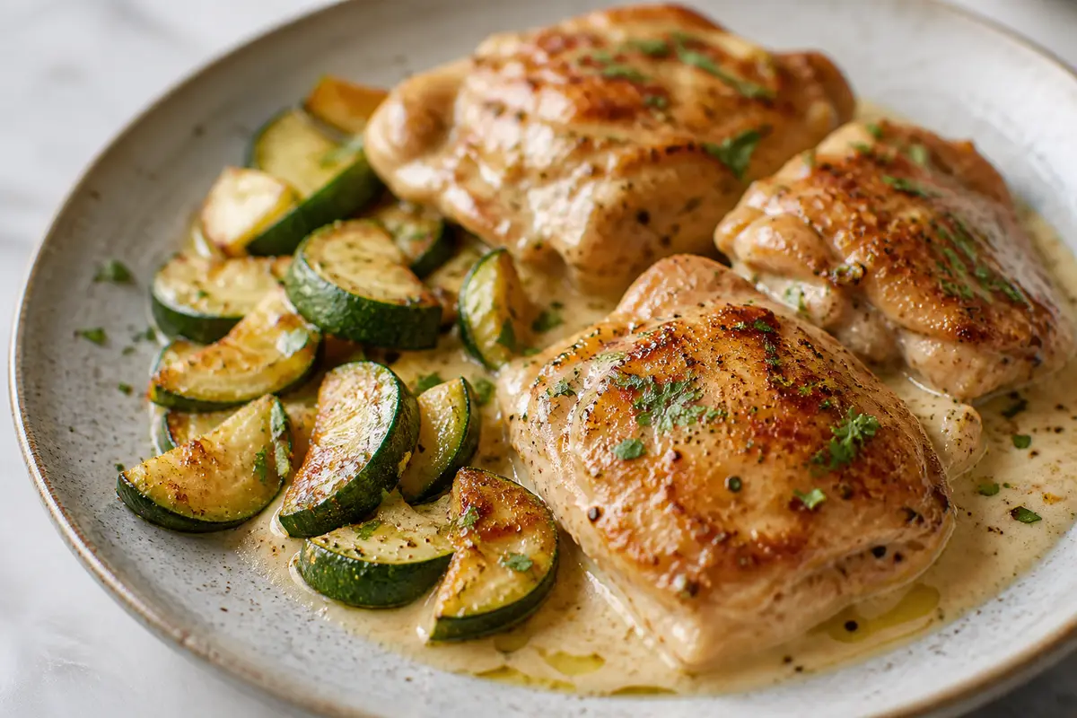 Muslos de Pollo Keto en Crema de Tahini, Limón y Calabacín Asado