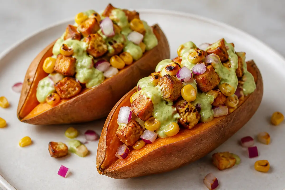 Boniatos rellenos de tempeh cítrico, maíz tostado y crema verde de aguacate
