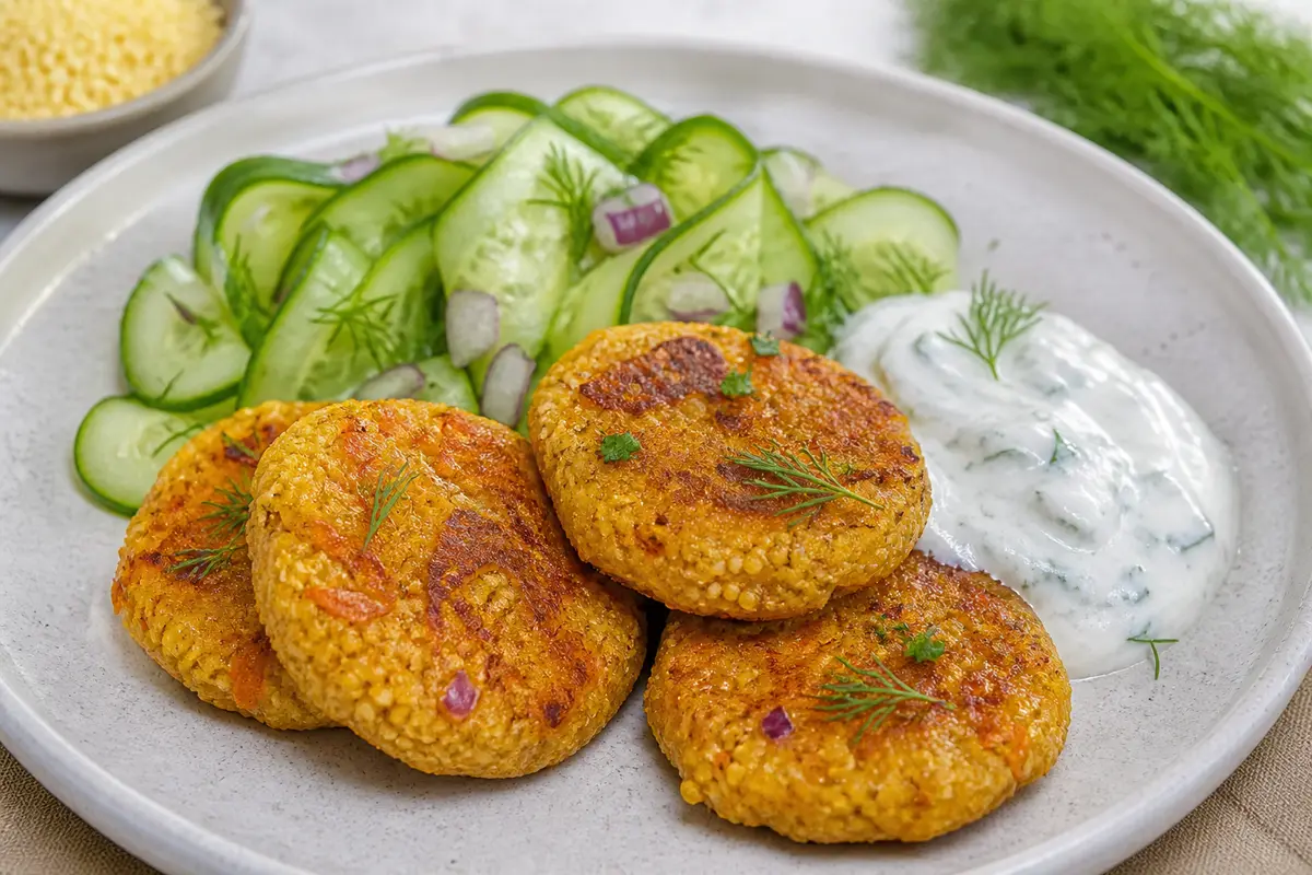 Golden Millet and Carrot Cakes with Herbed Yogurt and Cucumber