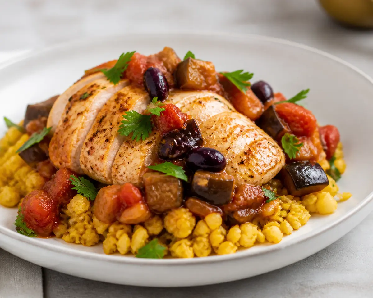 Pollo especiado con ragú de berenjena y aceitunas sobre coliflor al azafrán