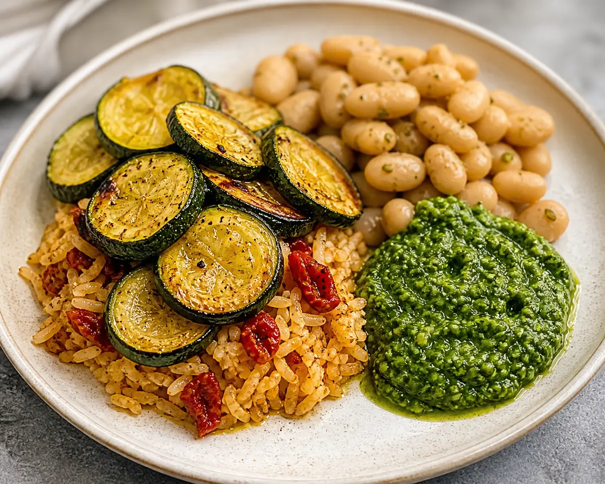 Roasted Zucchini with Sun-Dried Tomato Rice, Spiced White Beans, and Arugula Pepita Pesto