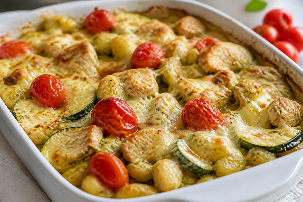 Family Gnocchi Bake with Mild Pesto Chicken and Zucchini with Mozzarella Crust