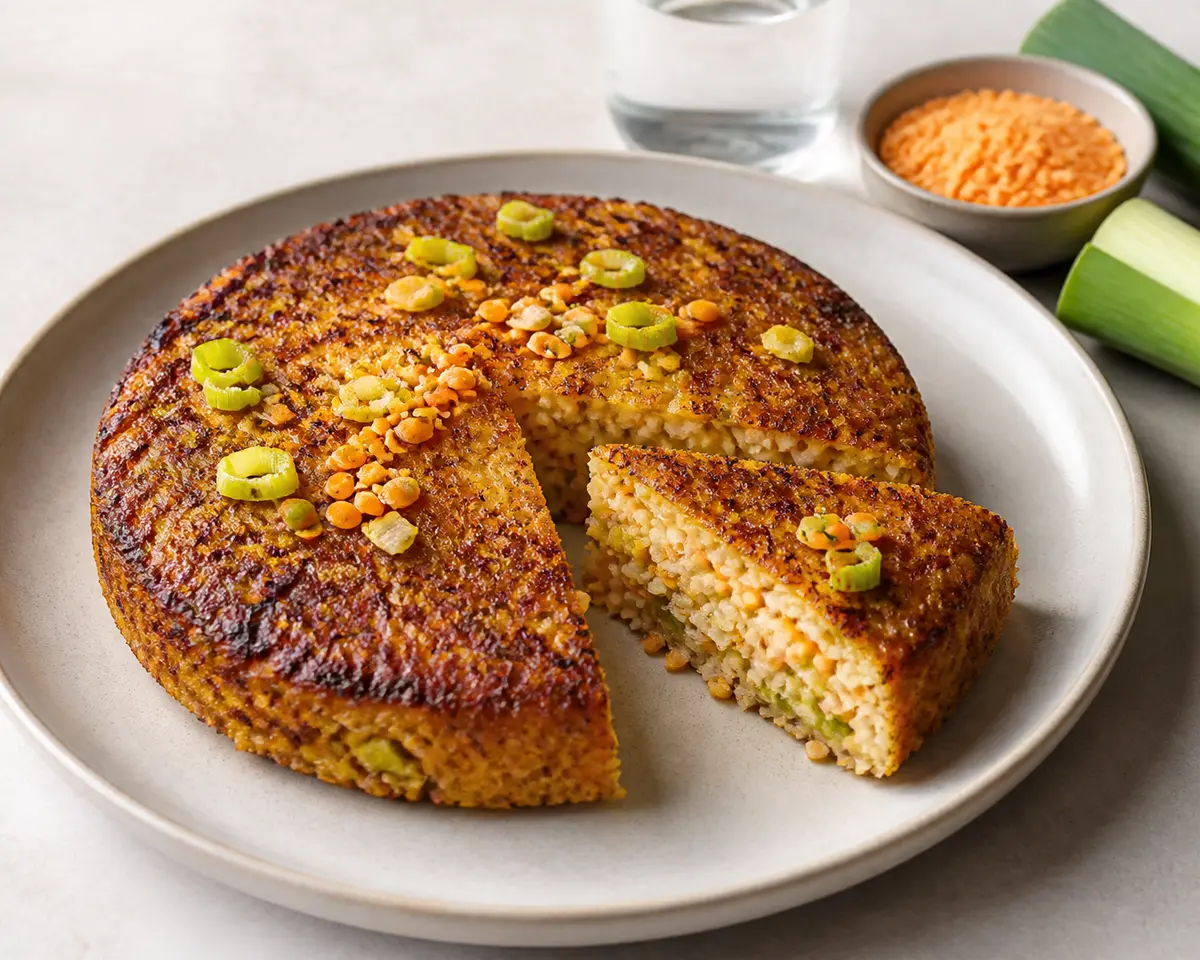 Budget Rice, Leek and Red Lentil Skillet Cake with Crispy Topping