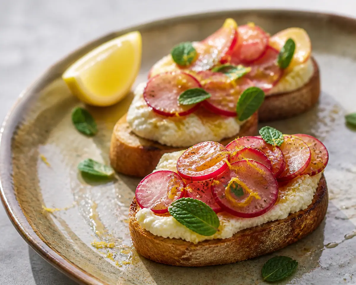 Express citrus ricotta toasts with sautéed radishes, hot honey, and mint