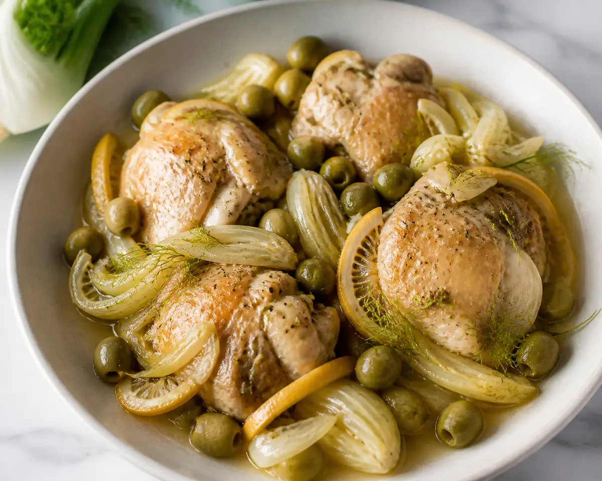 Slow Cooker Chicken with Fennel, Green Olives, and Golden Lemon