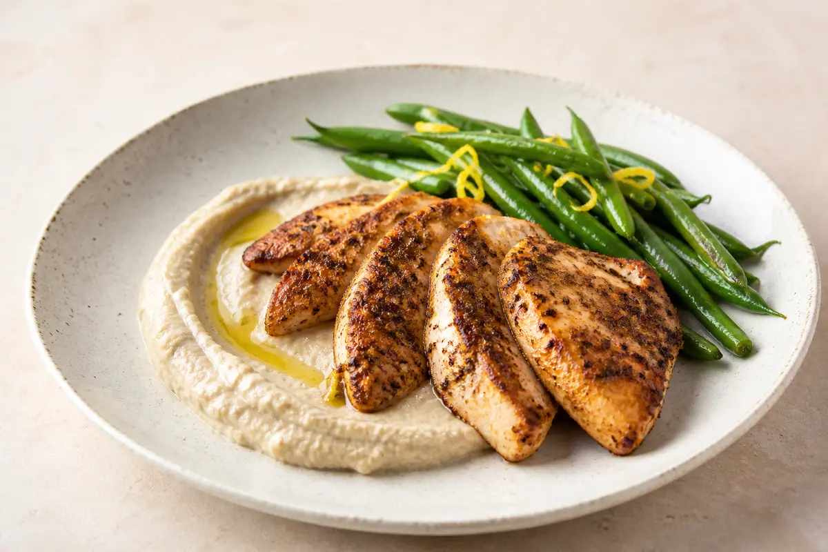 Pavo al comino con crema de berenjena asada y judías verdes al limón