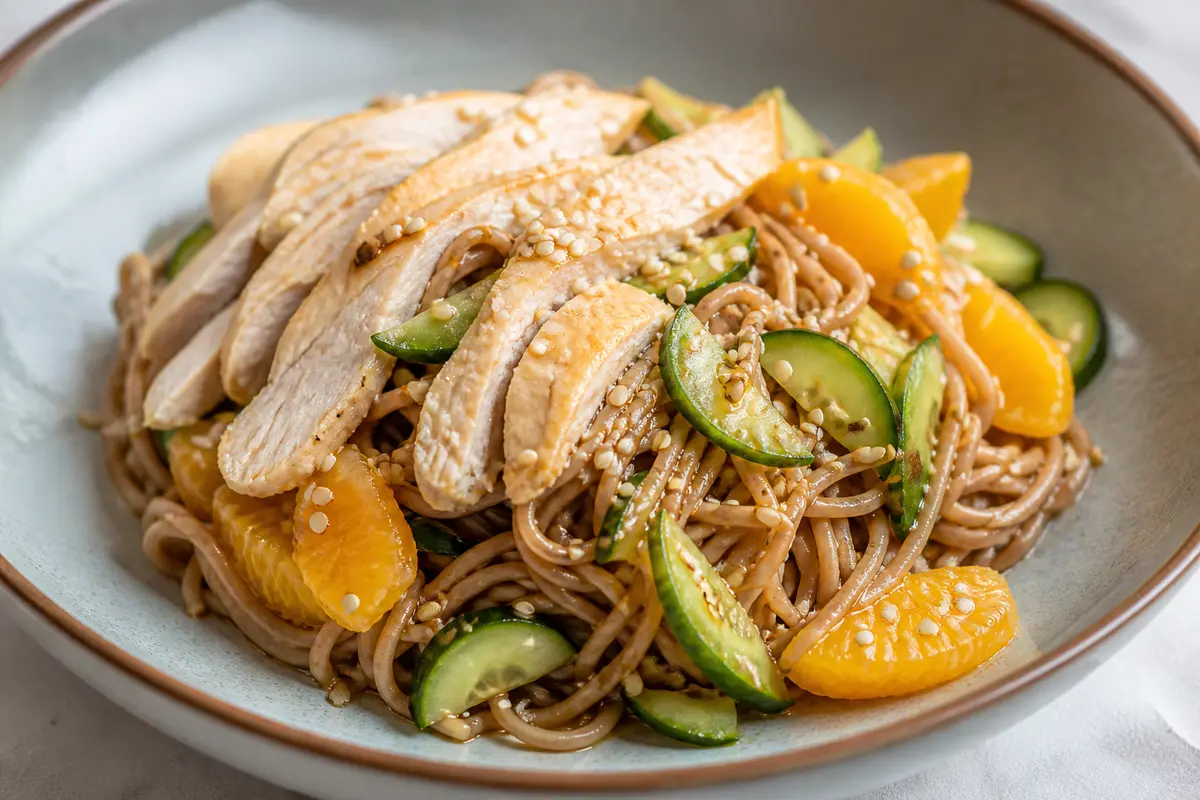 Fideos Rápidos de Sésamo con Pollo, Pepino y Naranja