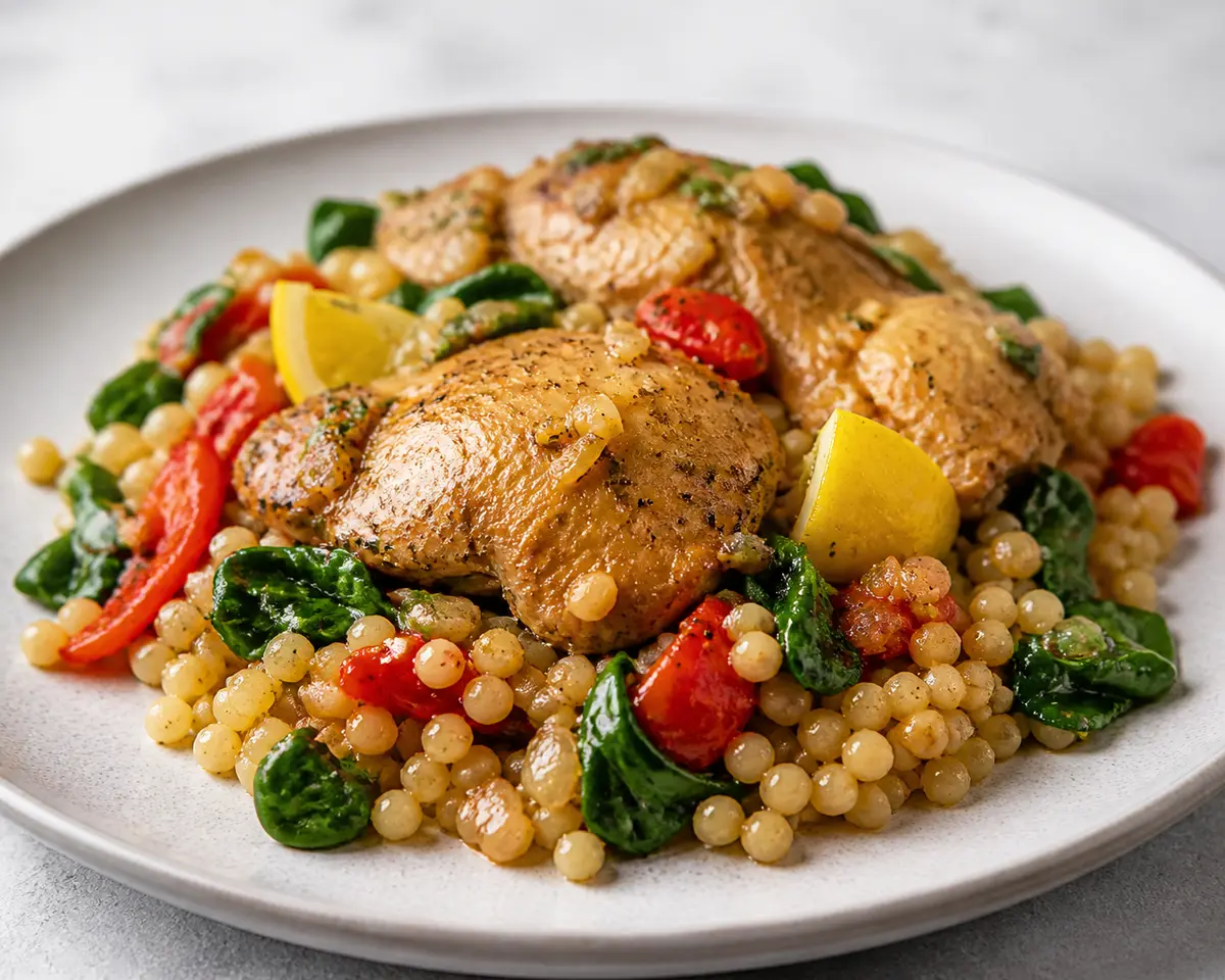 Instant Pot de pollo al pimiento rojo y limón con cuscús perlado y espinacas