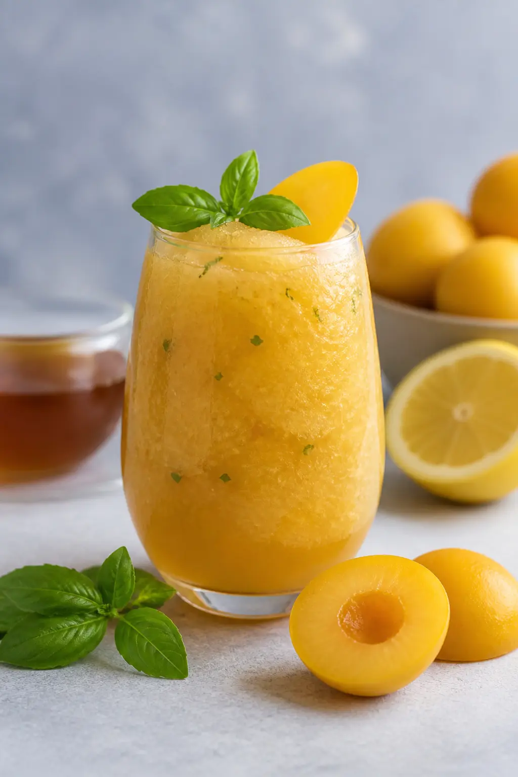 Refresco granizado de ciruela amarilla, limón amarillo y té de jazmín con albahaca