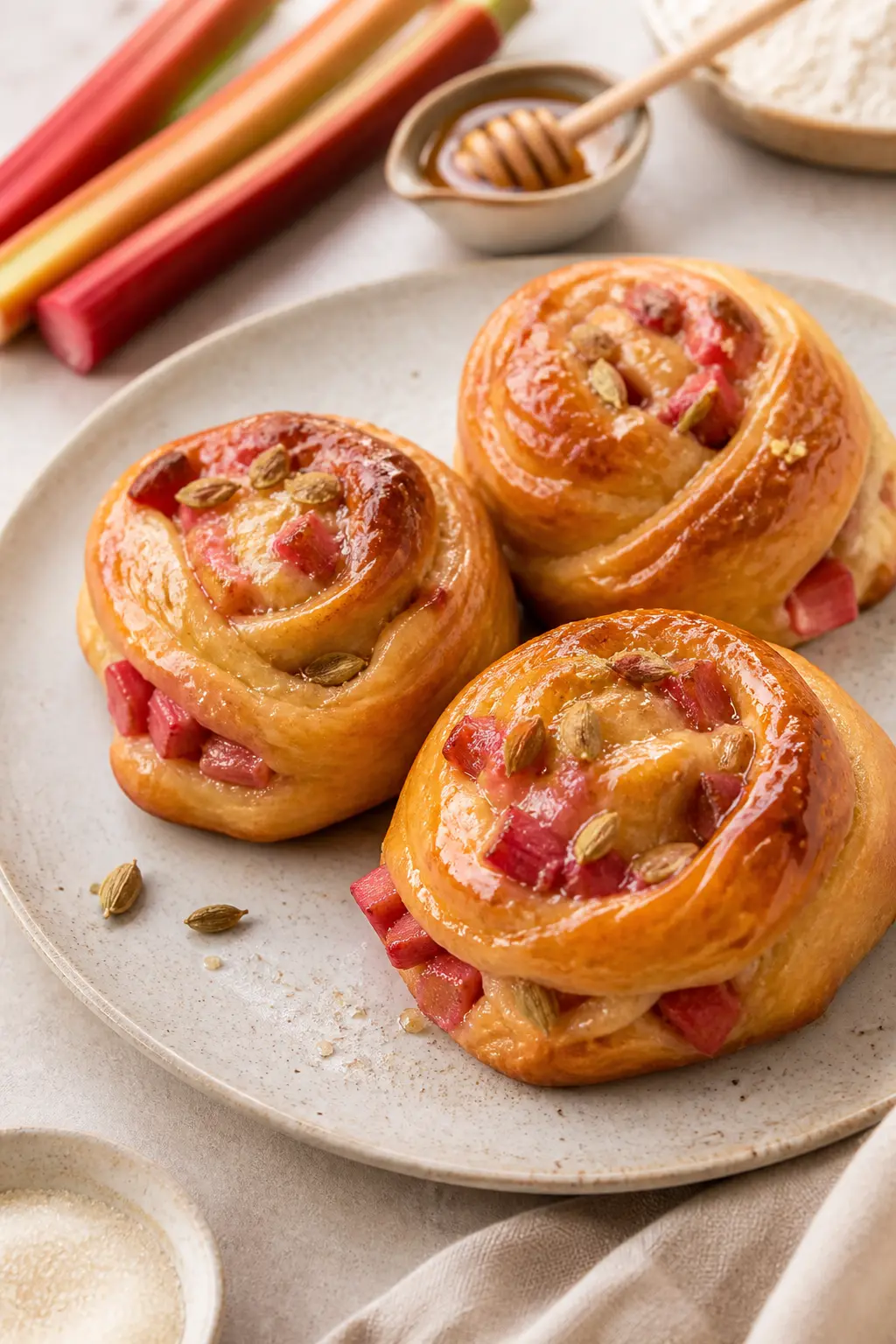 Rollos de Brioche con Ruibarbo, Miel y Cardamomo