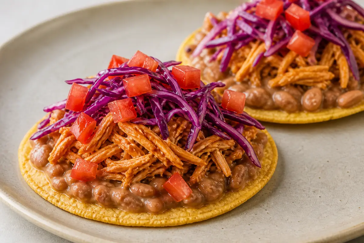 Tostadas de tinga de pavo al chipotle con frijoles bayos cremosos y ensalada de col morada con lima