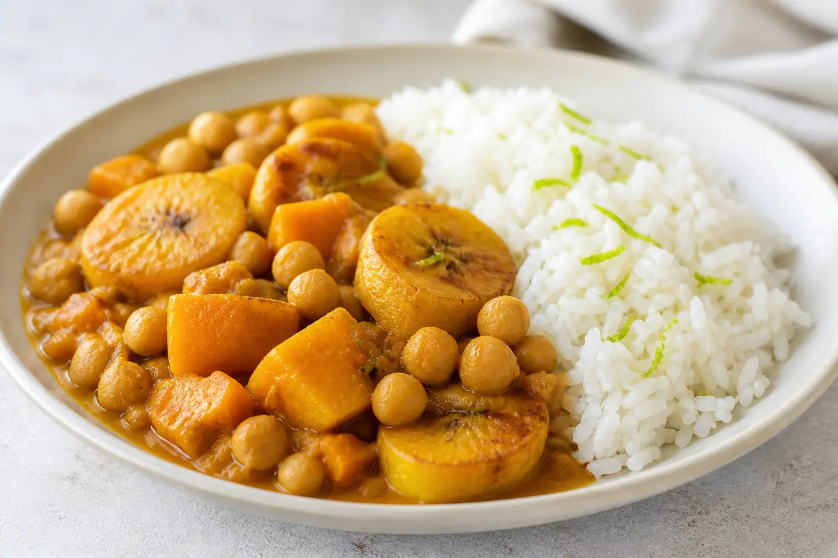 Curry Caribeño de Garbanzos, Calabaza y Plátano con Arroz de Coco y Lima