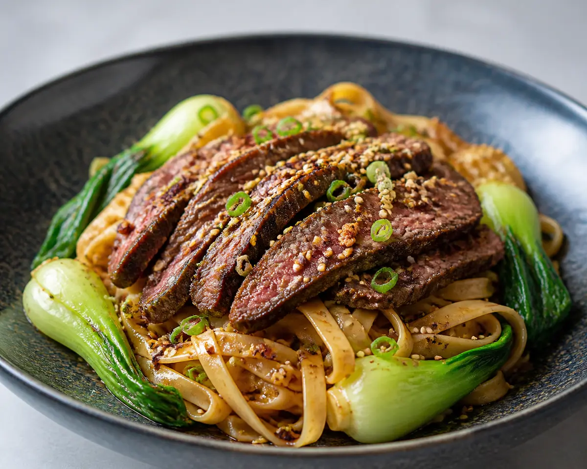 Fideos de arroz con ternera al café especiado, bok choy braseado y crujiente de sésamo