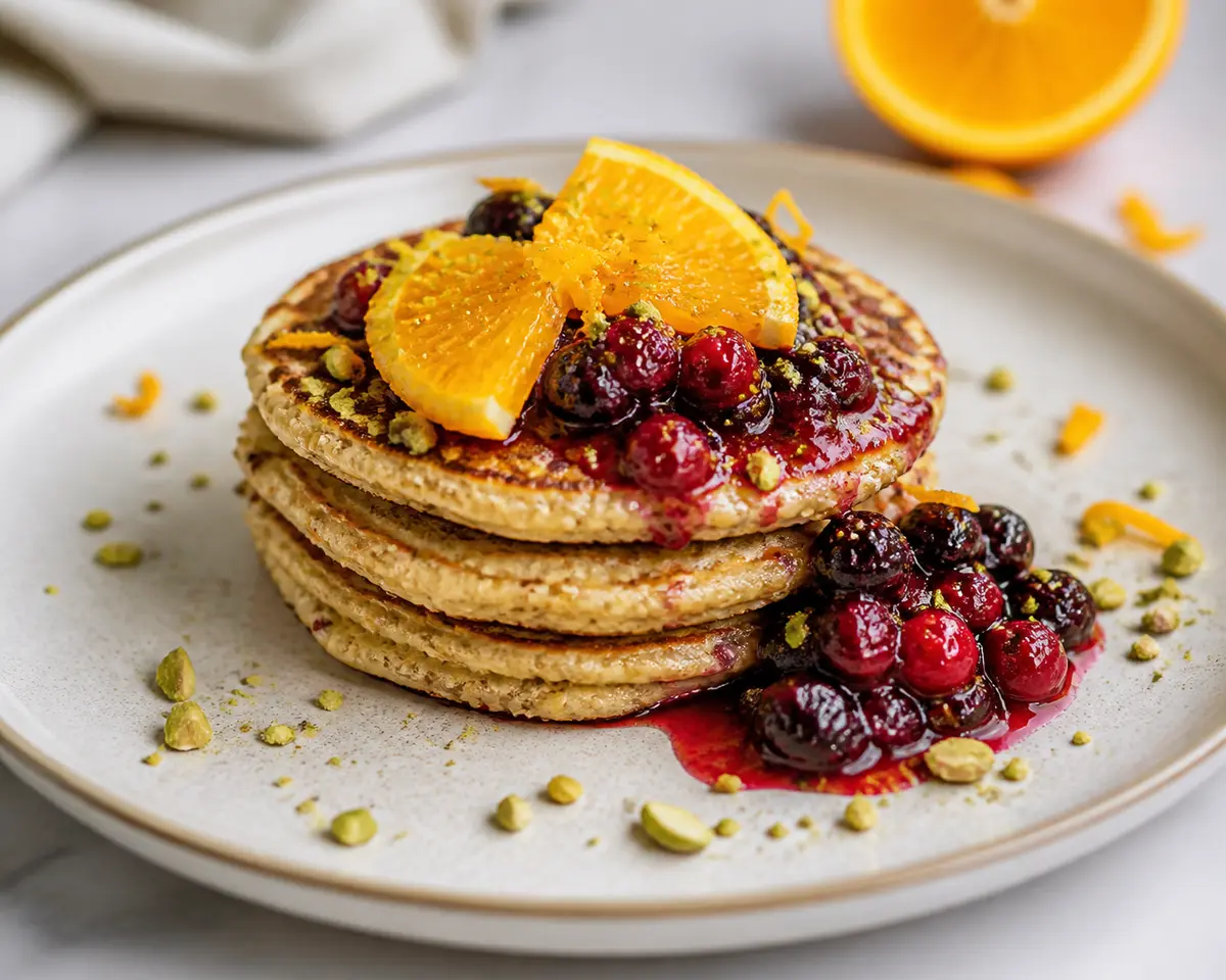 Quinoa Orange Pancakes with Warm Berry Compote and Pistachio Crumble
