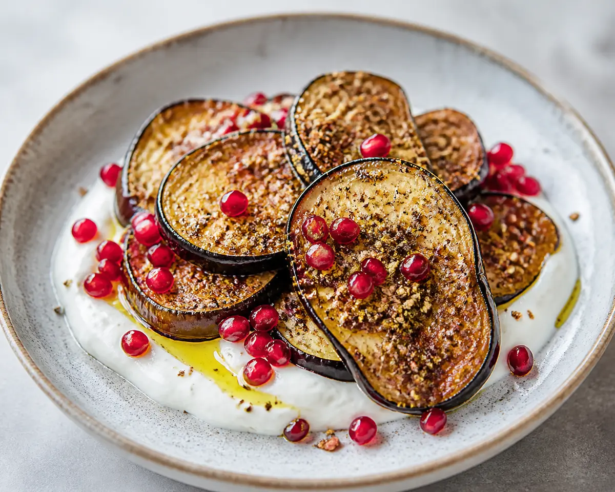 Zaatar eggplant chips with citrus yogurt and pomegranate