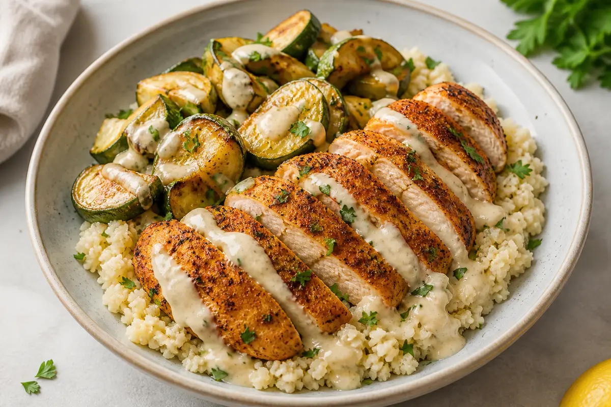 Warm Paprika Turkey Bowl with Creamy Cauliflower Rice, Golden Zucchini and Lemon Tahini Drizzle