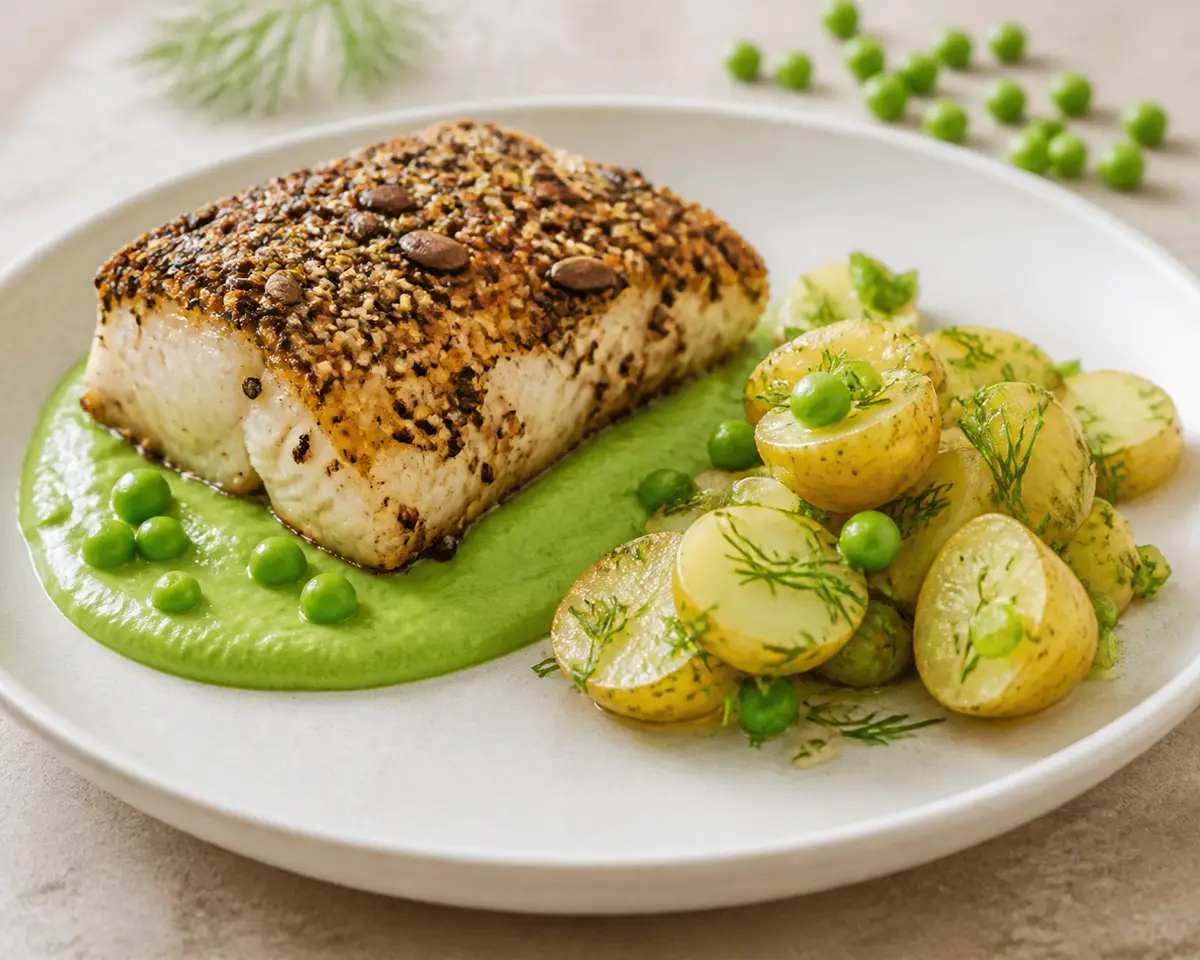 Crispy Seed-Crusted Hake with Warm Pea Cream and Dill Potato Salad