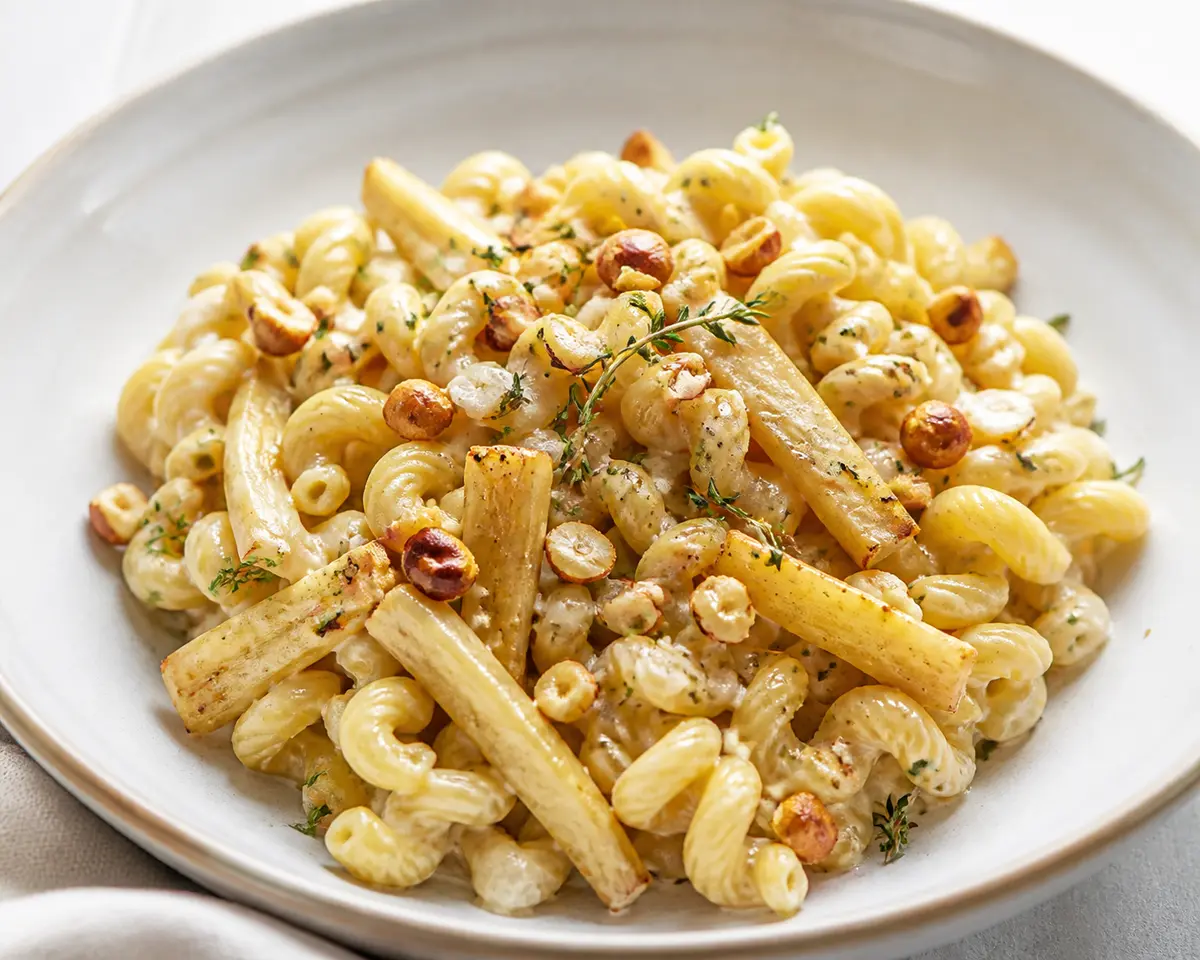 Creamy Cavatappi with Roasted Parsnip, Thyme, Goat Cheese, and Toasted Hazelnuts