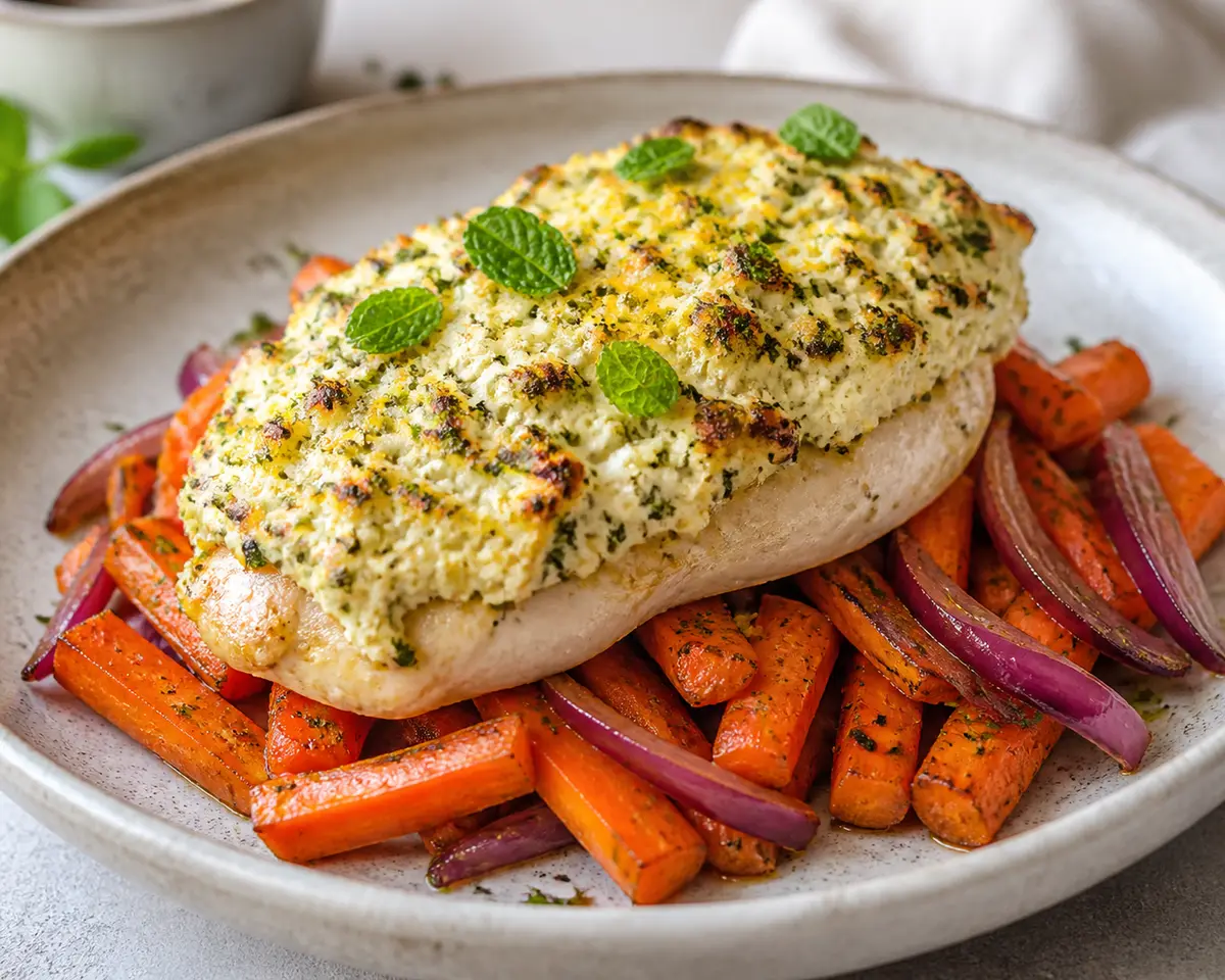 Pollo al horno con costra de ricotta, limón y menta sobre zanahorias especiadas