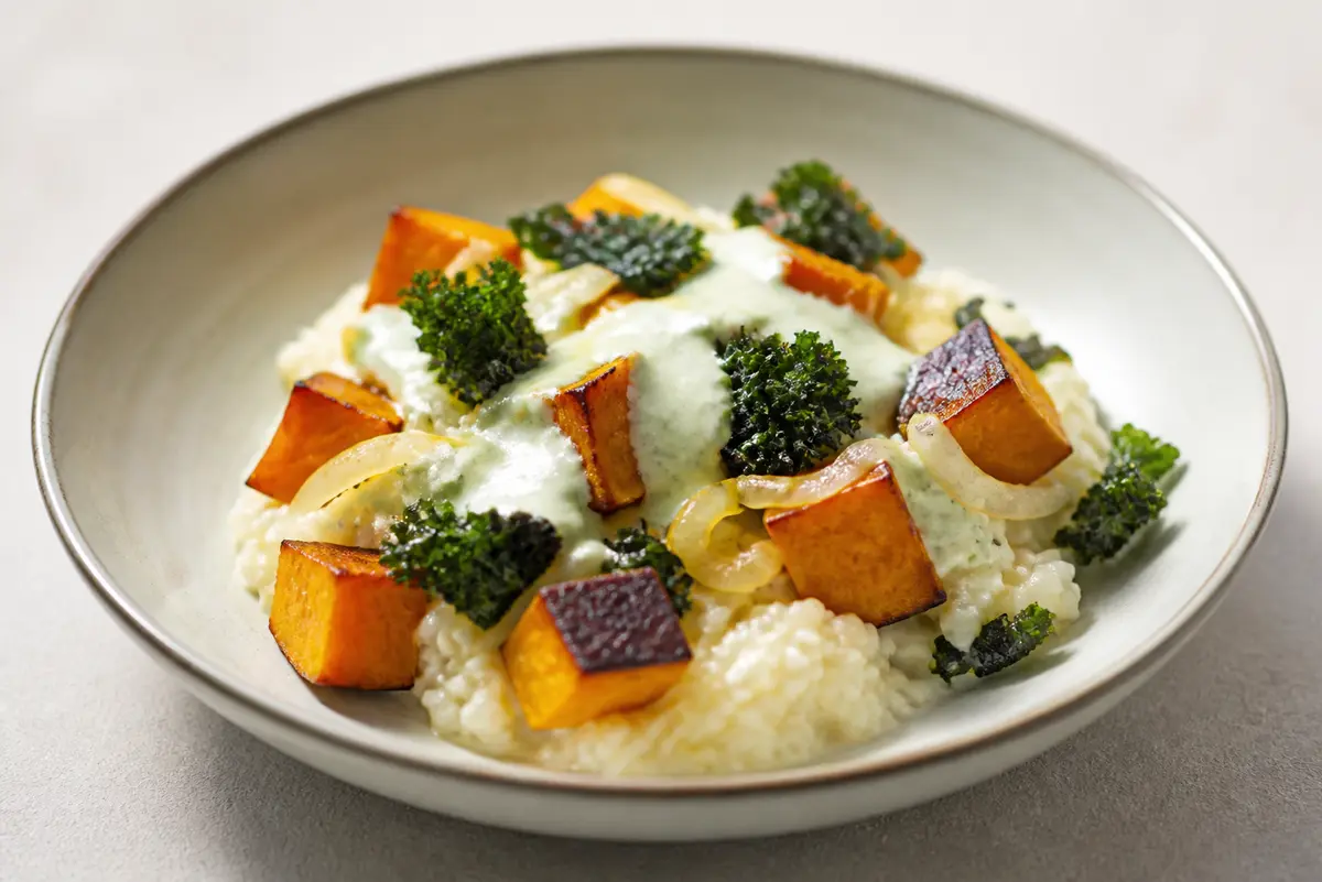 Arroz meloso de boniato asado, kale crujiente y yogur de lima