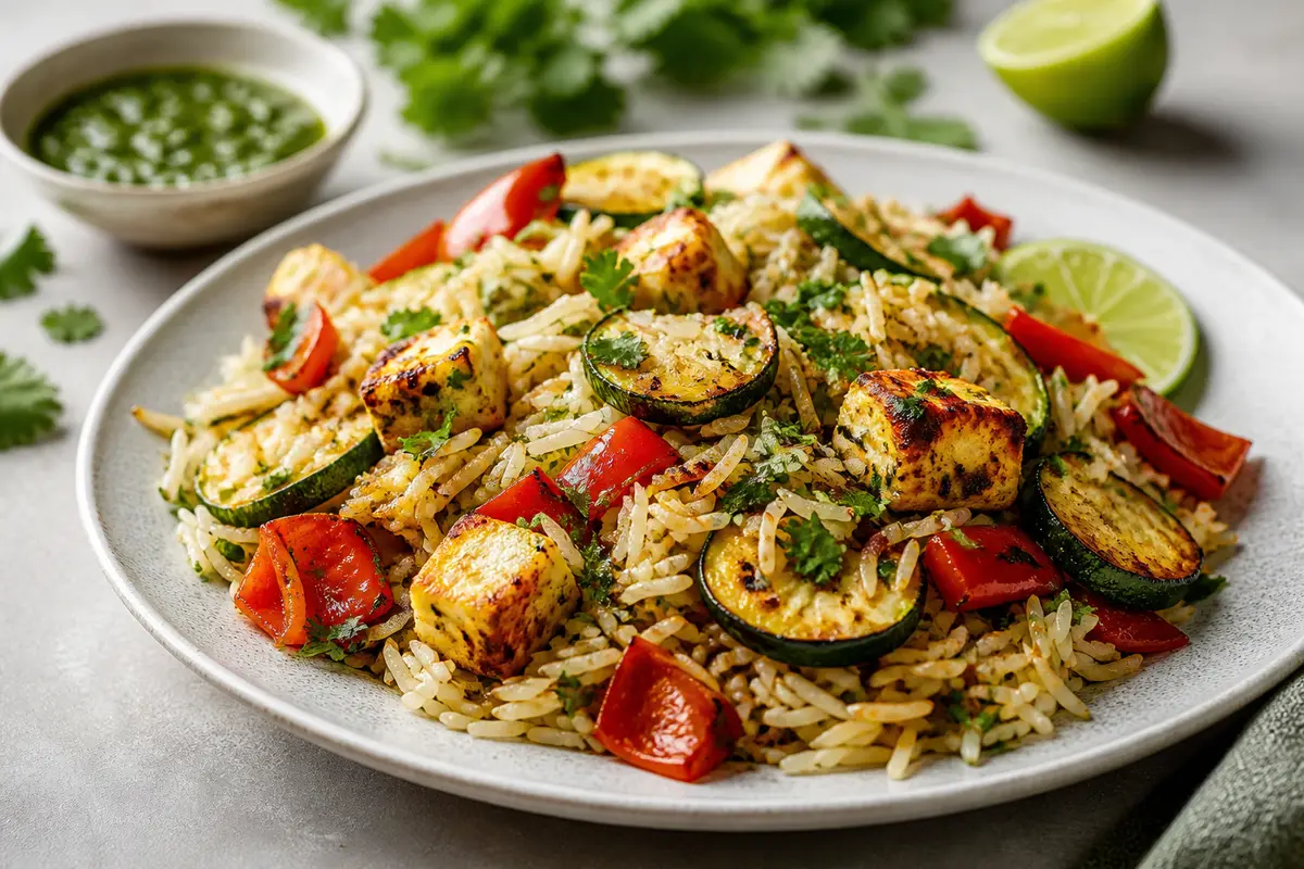 Ensalada tibia de arroz basmati tostado, calabacín caramelizado, pimiento asado y paneer crujiente con vinagreta de cilantro y lima
