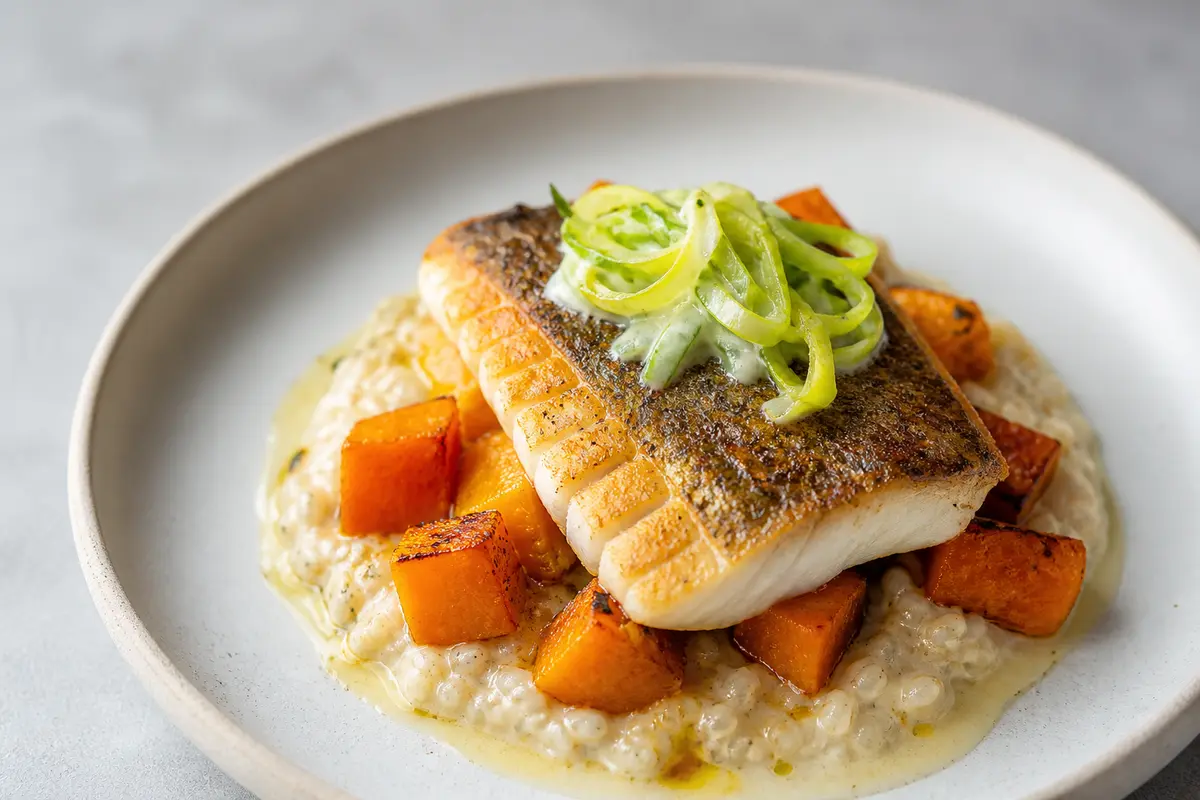 Robalo Dorado con Salsa de Poro y Lima, Arroz Cremoso de Avena Salada y Calabaza Rostizada
