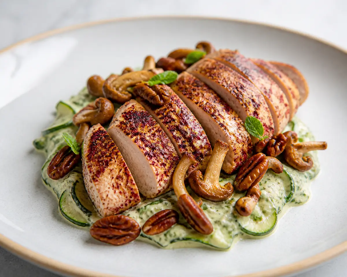 Pechuga de pollo al sumac con crema de calabacín y menta, setas doradas y nuez pecana