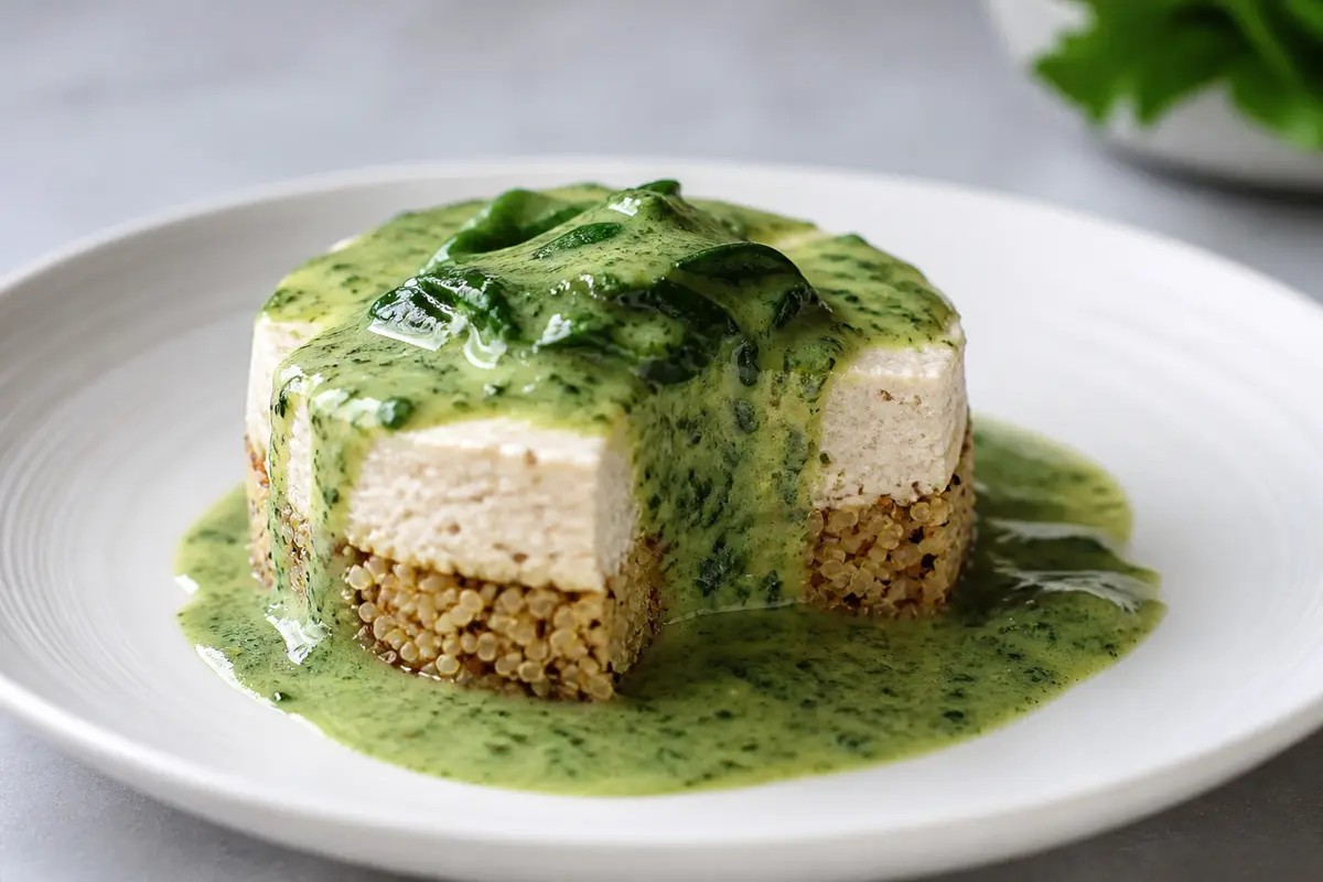 Turkey and Cottage Cheese Timbale with Quinoa Crust and Lemon Spinach Sauce