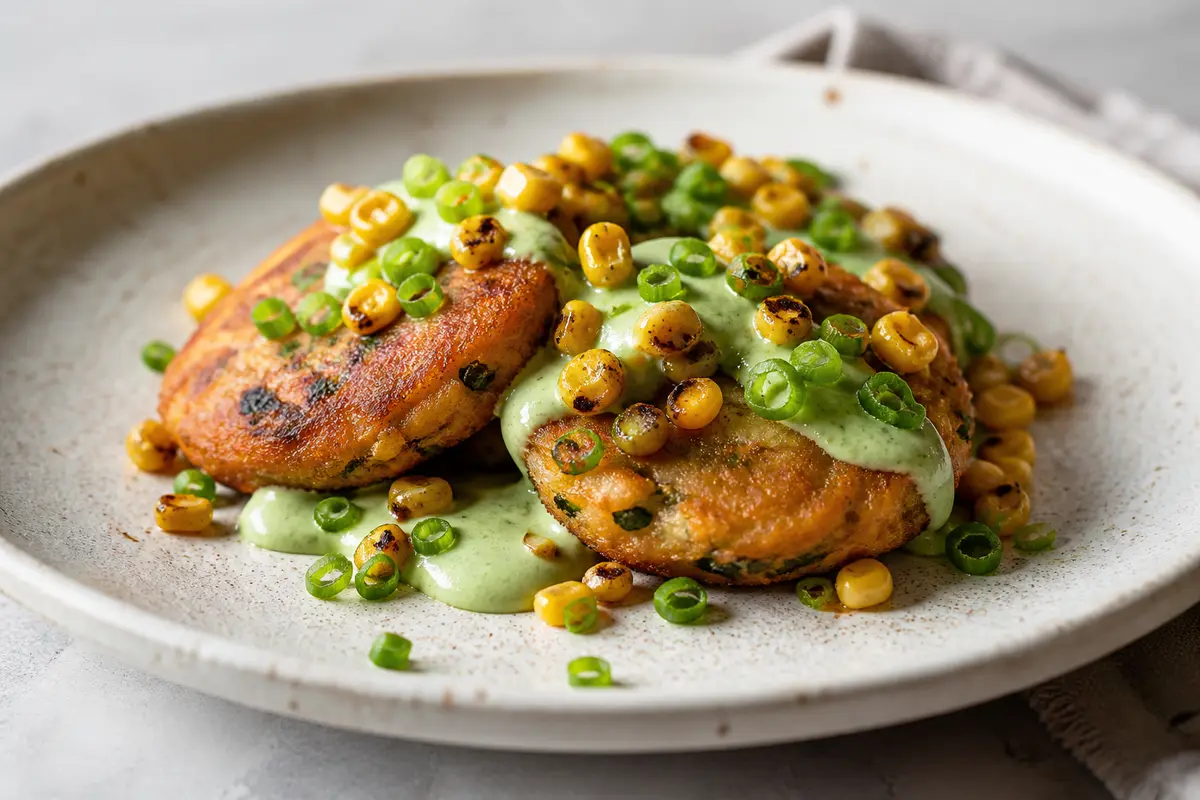 Tortitas de Batata y Cebollín con Crema de Aguacate, Lima y Maíz Tostado