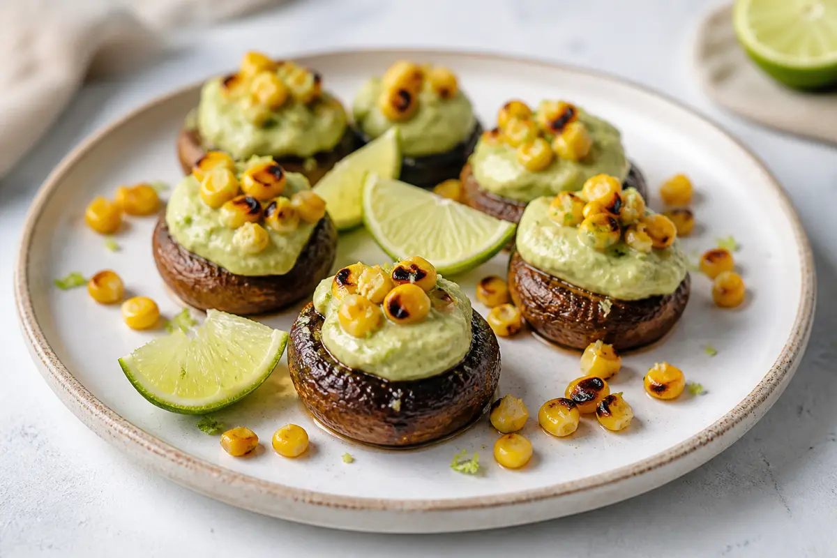Bocados tibios de champiñón con crema de aguacate, maíz tostado y lima