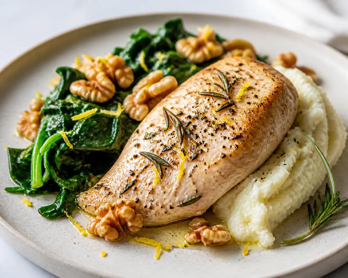 Pechuga de pollo al romero con crema tibia de coliflor y apio nabo, espinacas salteadas y nueces al limón